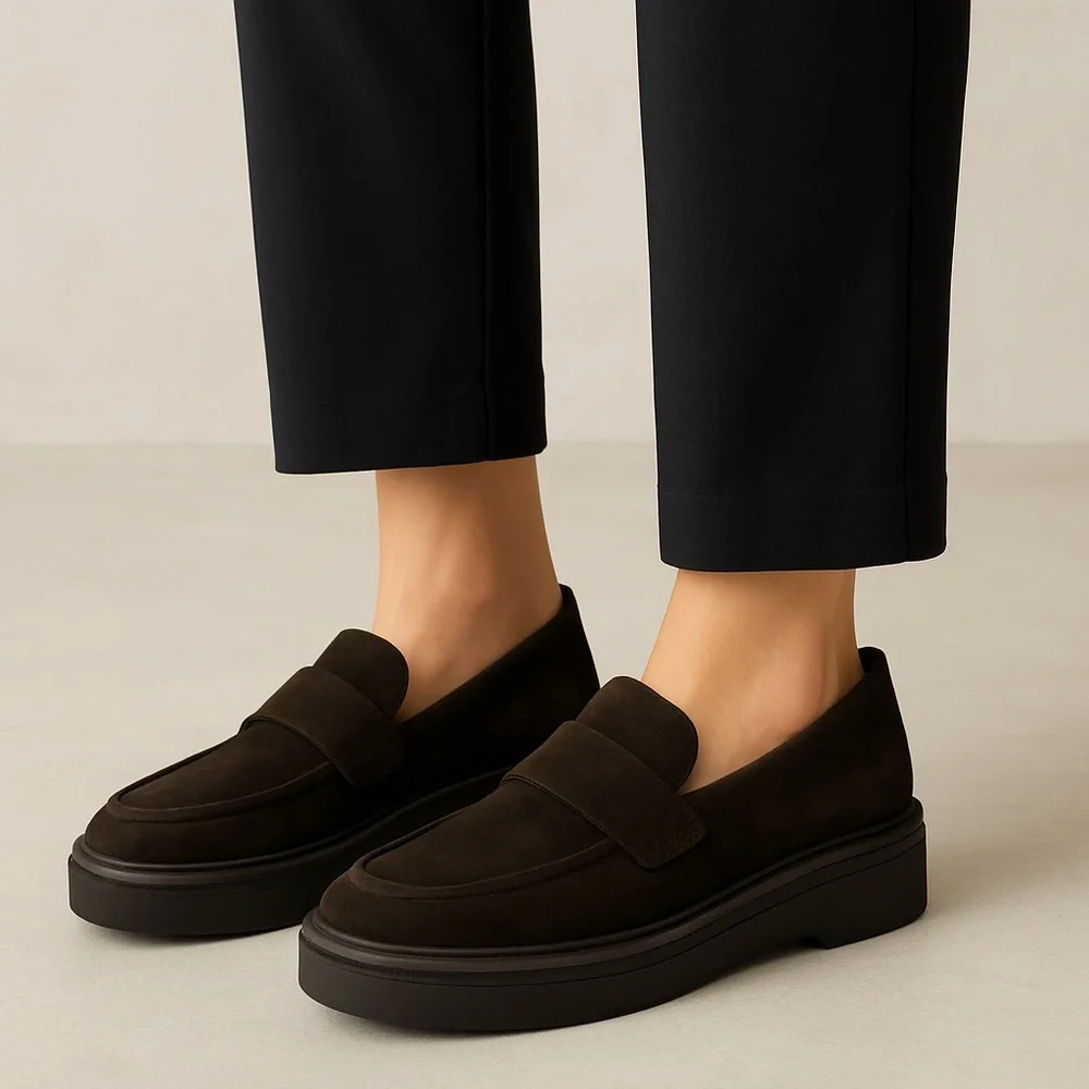 Aquatalia Lorita Genuine Suede Leather Platform Sole Slip-On Loafer Black Sz 6.5